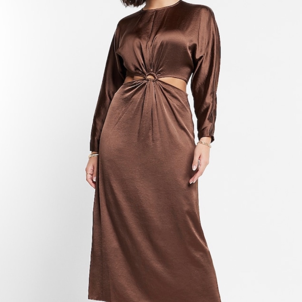 Satin Long Sleeve Cutout Midi Dress